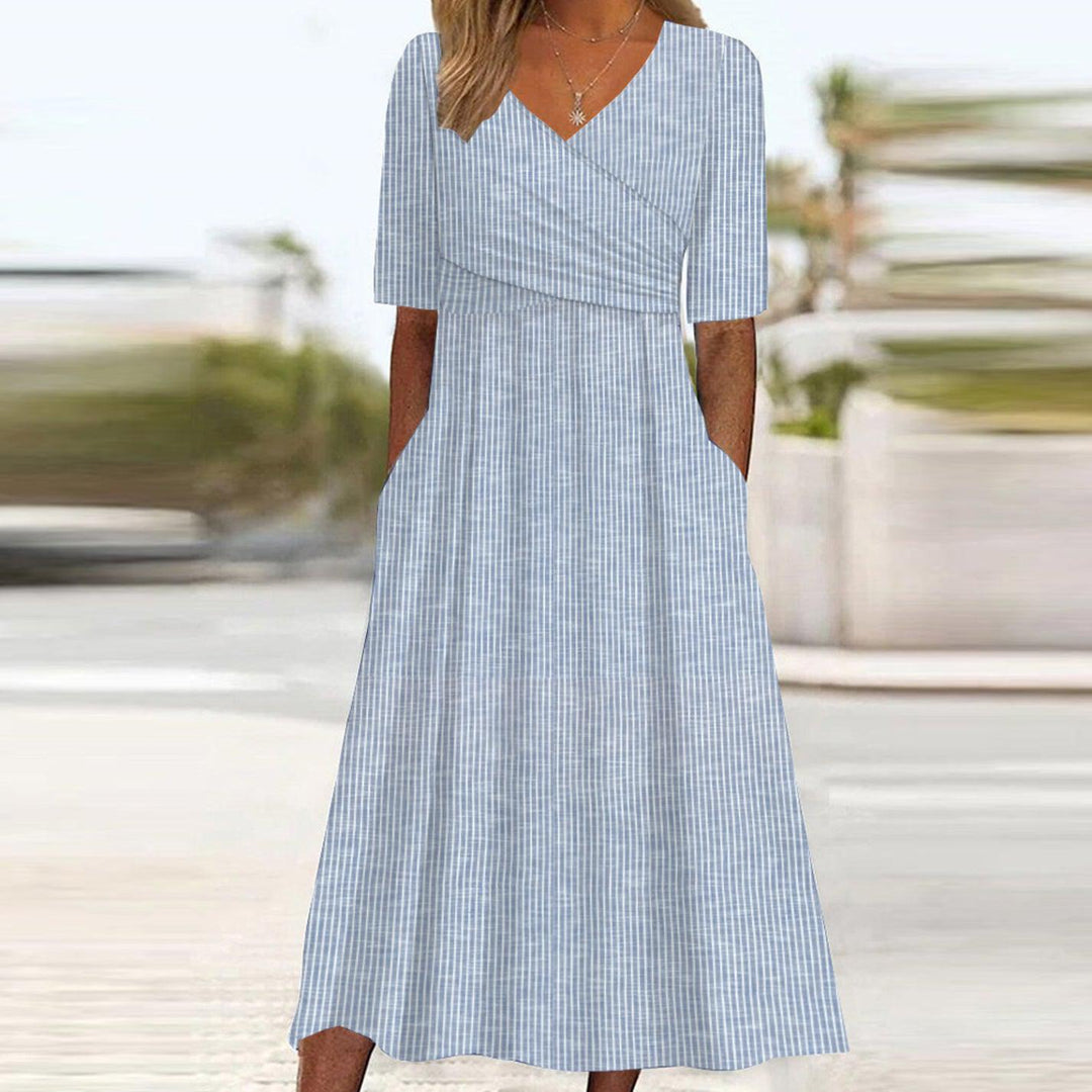 Bianca - Robe midi rayée bleue à manches courtes