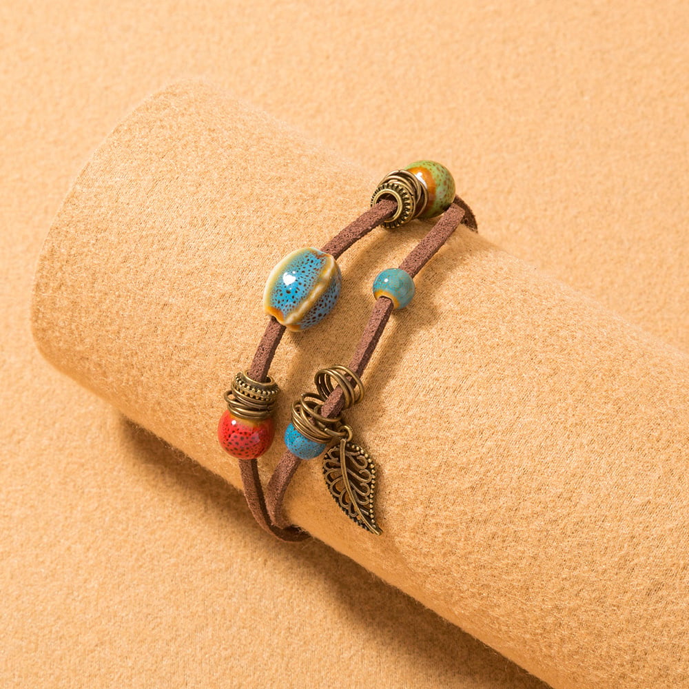Bracelet femme bohème en cuir fait main avec perles en céramique - Lantana