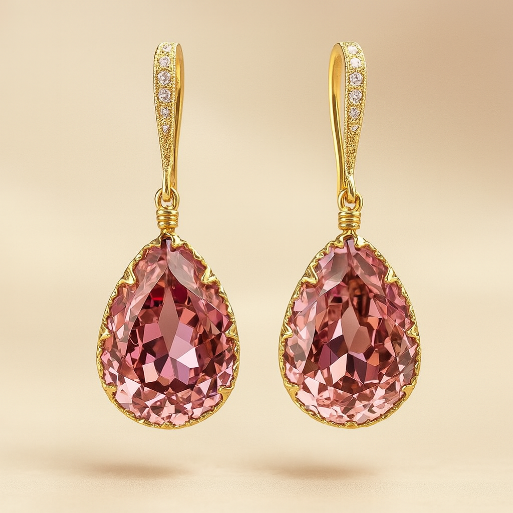 Boucles d'oreilles plaquées or avec goutte de cristal rose - Lina