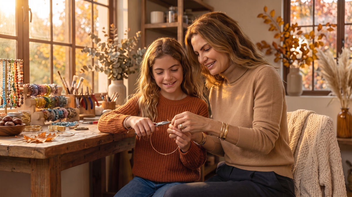 Mère et fille créant un bijou dans l'atelier Eveux en automne