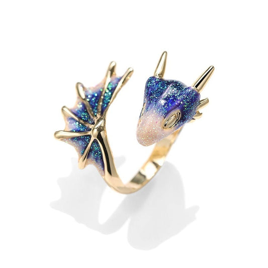 Bague dragon réglable en argent et émail peint à la main