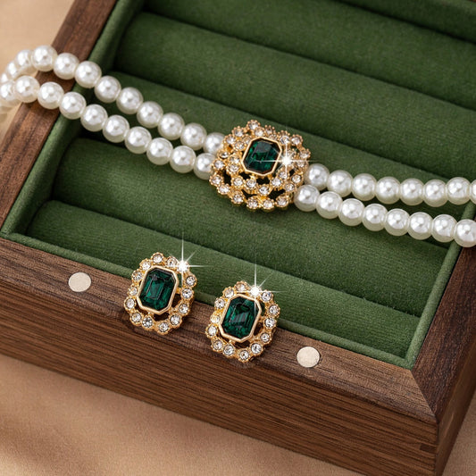 Collier de perles avec cristaux verts et boucles d'oreilles assorties - Mirela