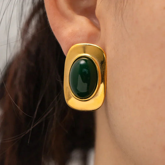 Boucles D’Oreilles Ovales Opale Verte Plaqué Or 18K Collection Opale Édition Limitée