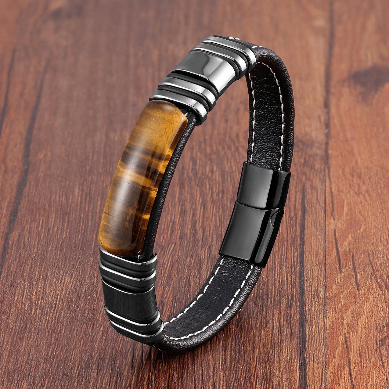 Bracelet homme en cuir avec design magnétique en acier inoxydable - Vulcan