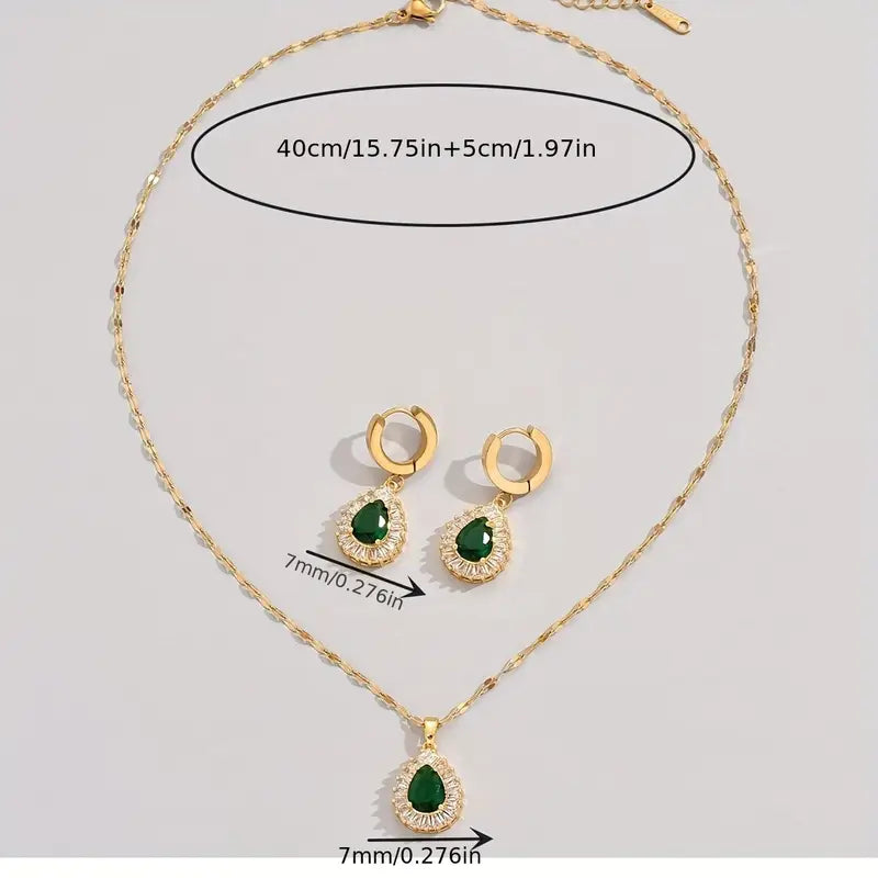Collier et boucles d'oreilles pendants avec zircon cubique vert - Valenne