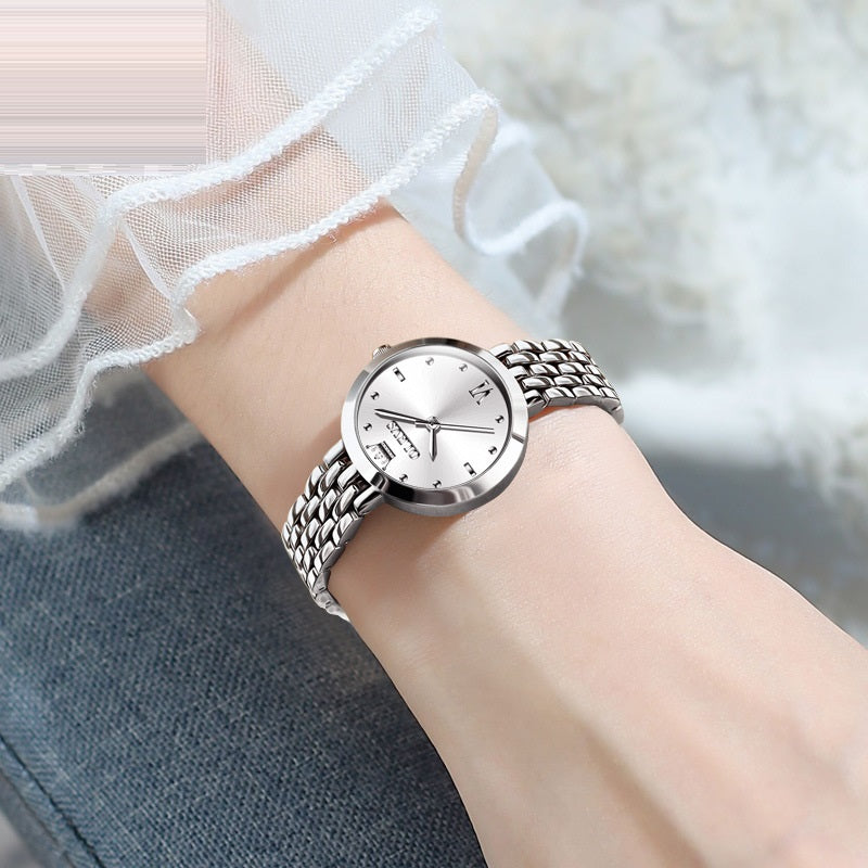 Montre Femme Cadran Blanc Élégante Boîtier et Bracelet Métalliques Mat Chiffres Romains