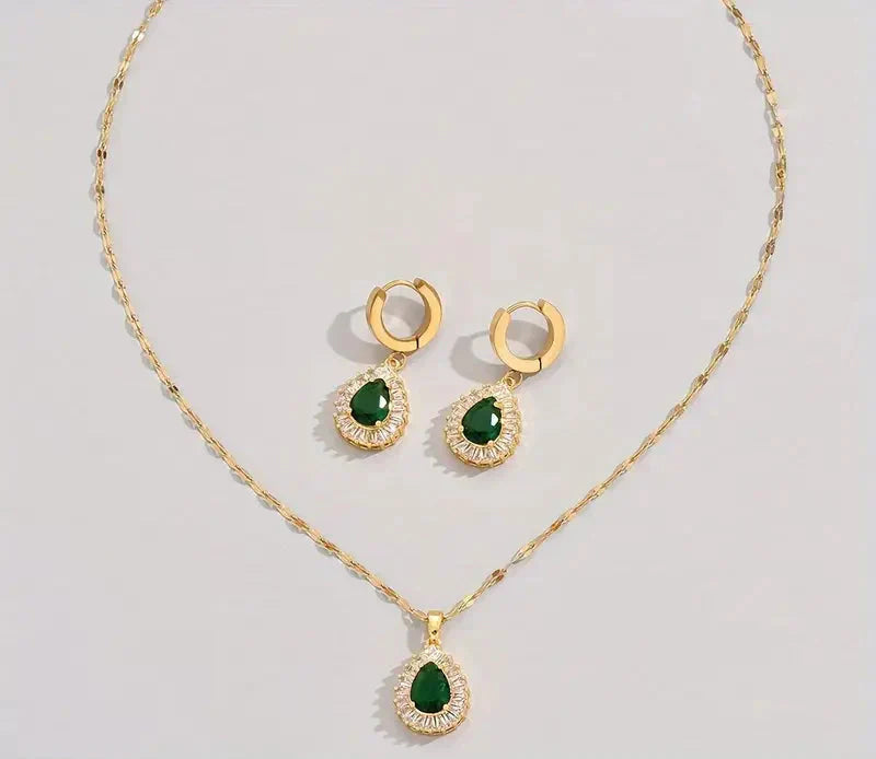 Collier et boucles d'oreilles pendants avec zircon cubique vert - Valenne