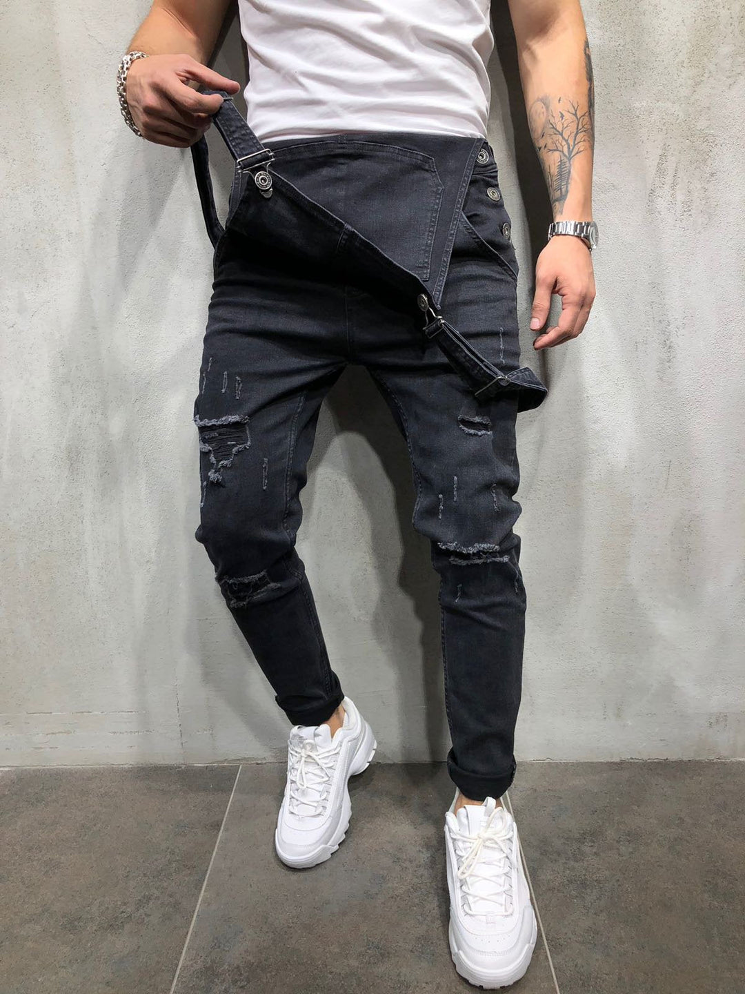 Salopette en jean skinny pour homme avec effet usé