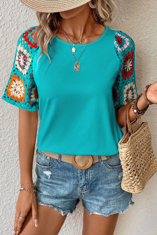 Hanna - Top en crochet à manches courtes avec impression de fleurs