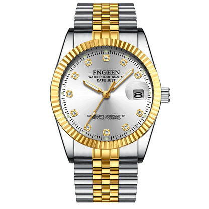 Montre Homme Acier Inoxydable Lunette Rainurée Or Avec Fenêtre Date Cadran Classique Repères Cristallins
