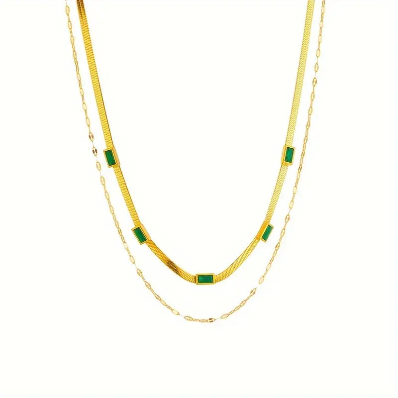 Collier double plaqué or avec rectangles verts - Narelle