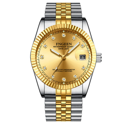 Montre Homme Acier Inoxydable Lunette Rainurée Or Avec Fenêtre Date Cadran Classique Repères Cristallins