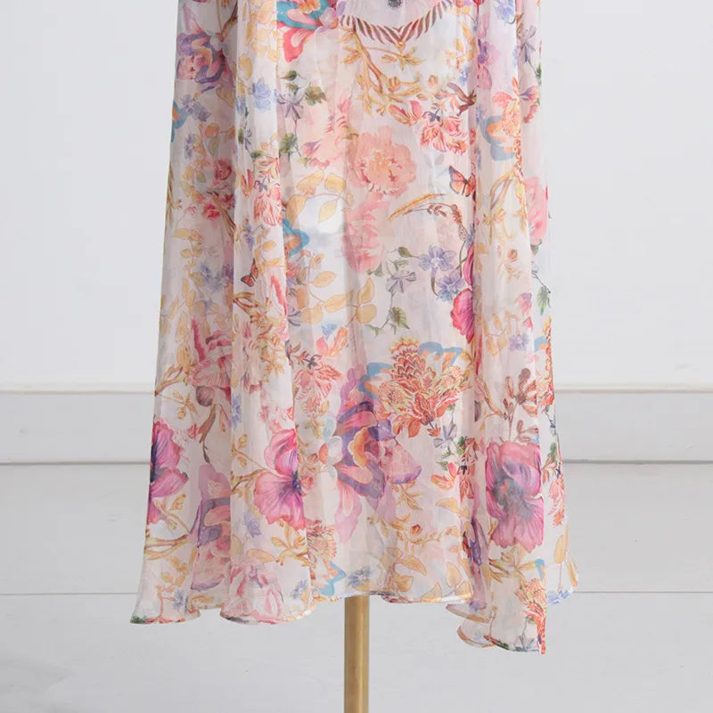 Robe Féérique à Col V - Cintrée avec Motif Floral