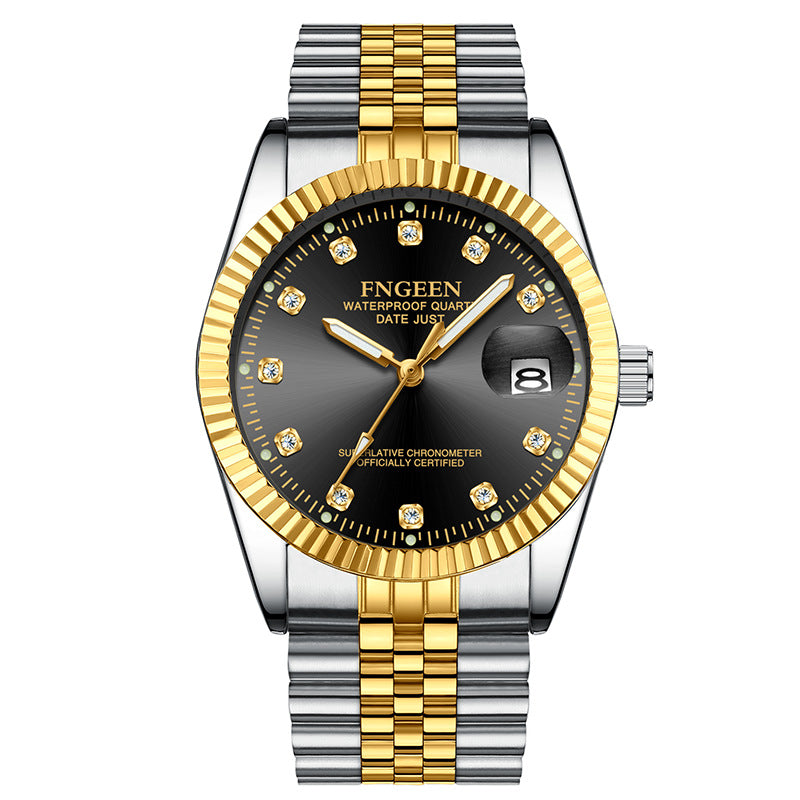 Montre Homme Acier Inoxydable Lunette Rainurée Or Avec Fenêtre Date Cadran Classique Repères Cristallins