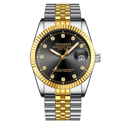 Montre Homme Acier Inoxydable Lunette Rainurée Or Avec Fenêtre Date Cadran Classique Repères Cristallins