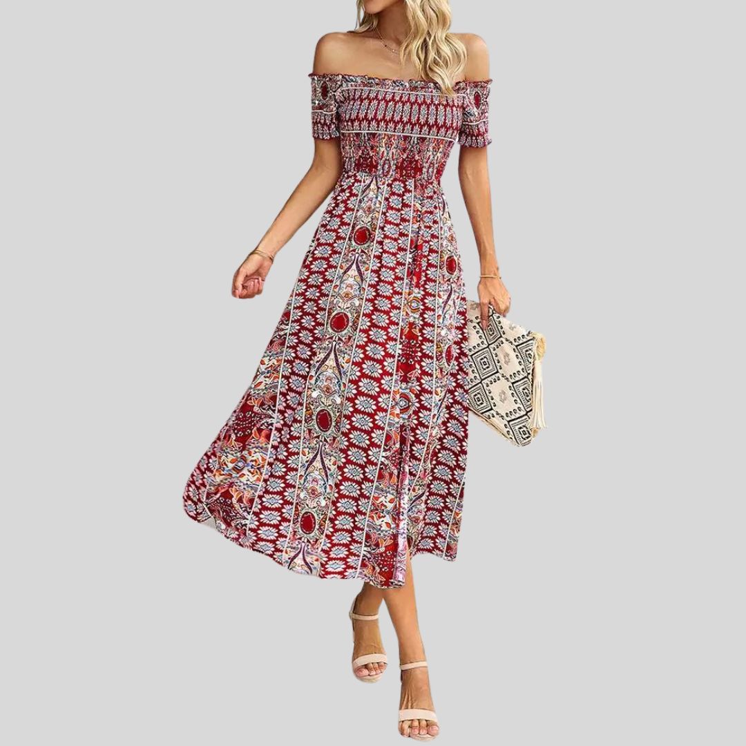 Aurora - Robe longue boho à épaules dénudées et à volants