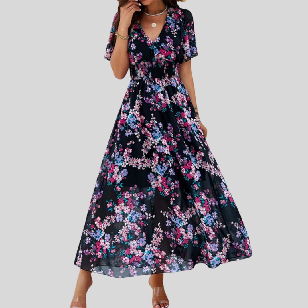 Mareina - Robe midi à col V floral et manches courtes