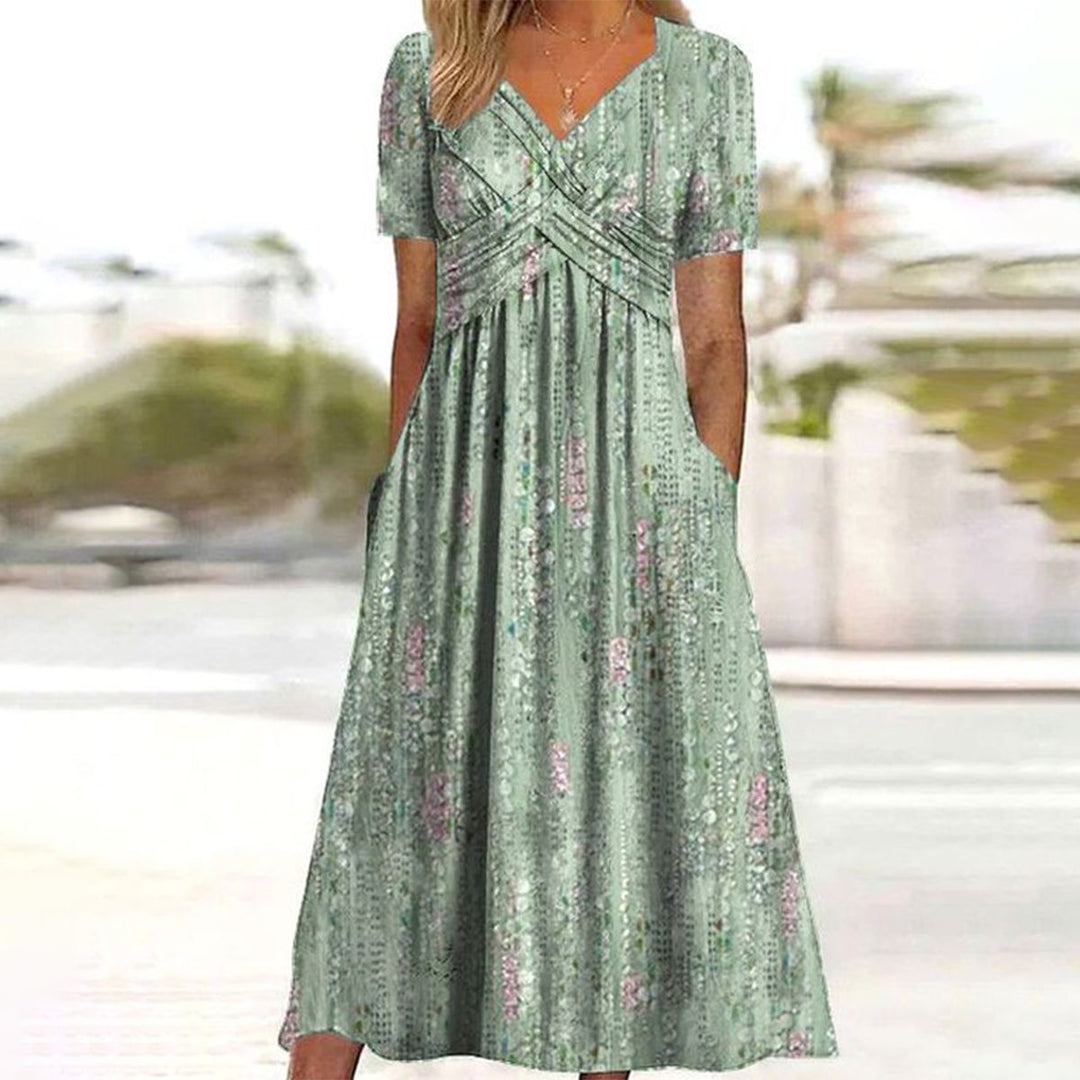 Robe midi col V verte à manches courtes