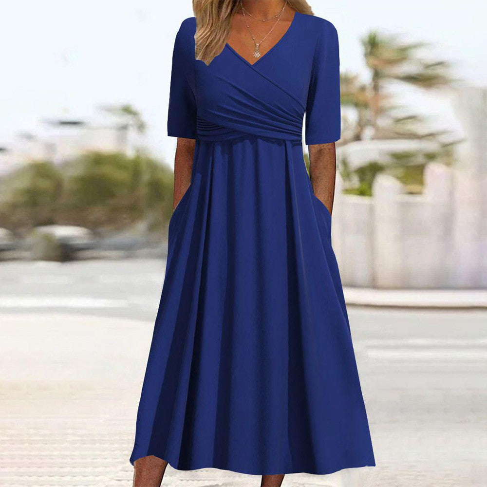 Elfina - Robe midi unie bleue col V