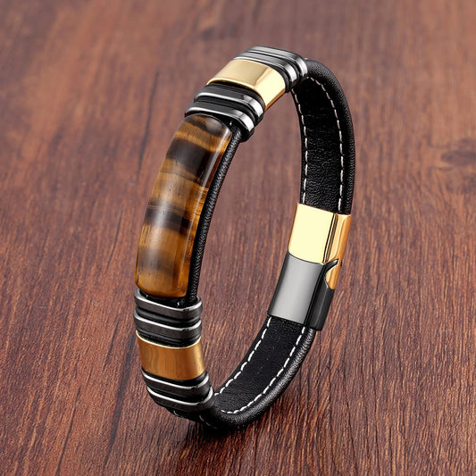 Bracelet homme en cuir avec design magnétique en acier inoxydable - Vulcan
