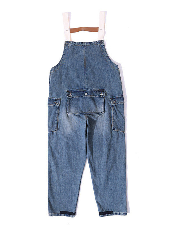 Salopette multi-poches à bretelles en denim vieilli
