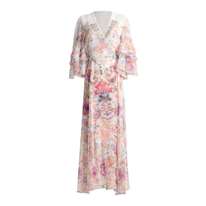 Robe Féérique à Col V - Cintrée avec Motif Floral