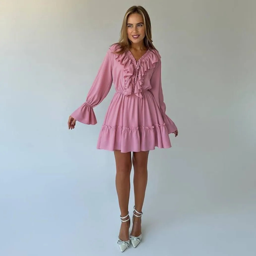 Alondra - Robe à manches longues à col V plissé et à volants Fashion