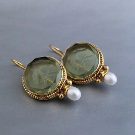 Boucles D'Oreilles Rétro Classique Pierres Vertes Et Perles Édition Limitée