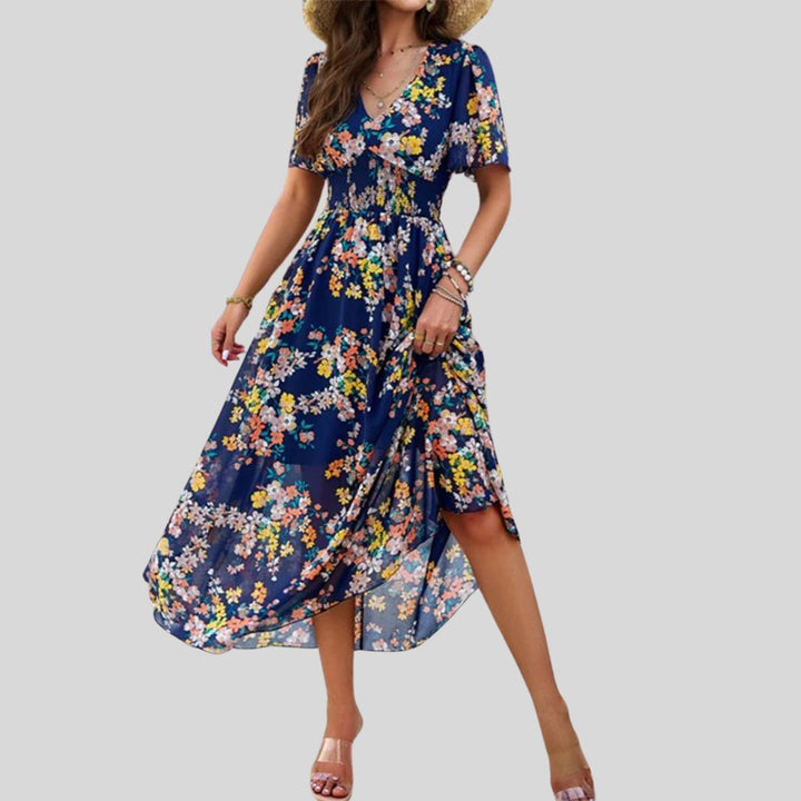 Mareina - Robe midi à col V floral et manches courtes