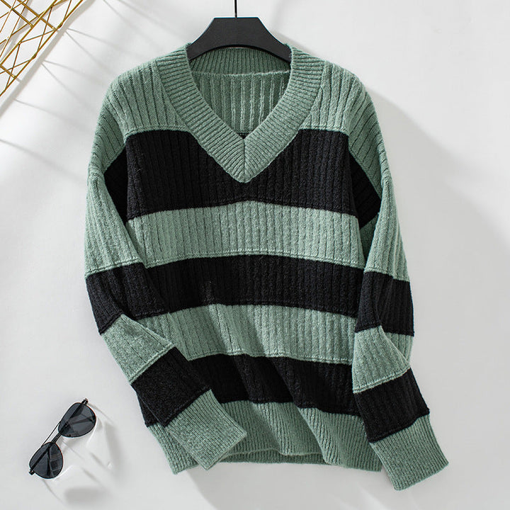 Jolie - Pull rayé pour femme à col en V et à manches longues