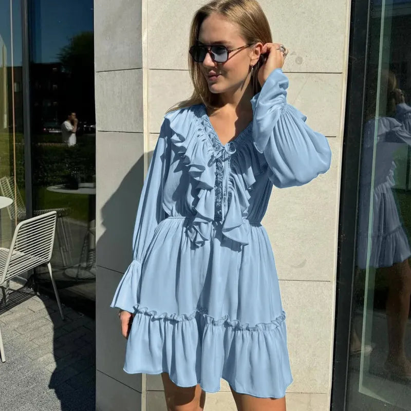 Alondra - Robe à manches longues à col V plissé et à volants Fashion