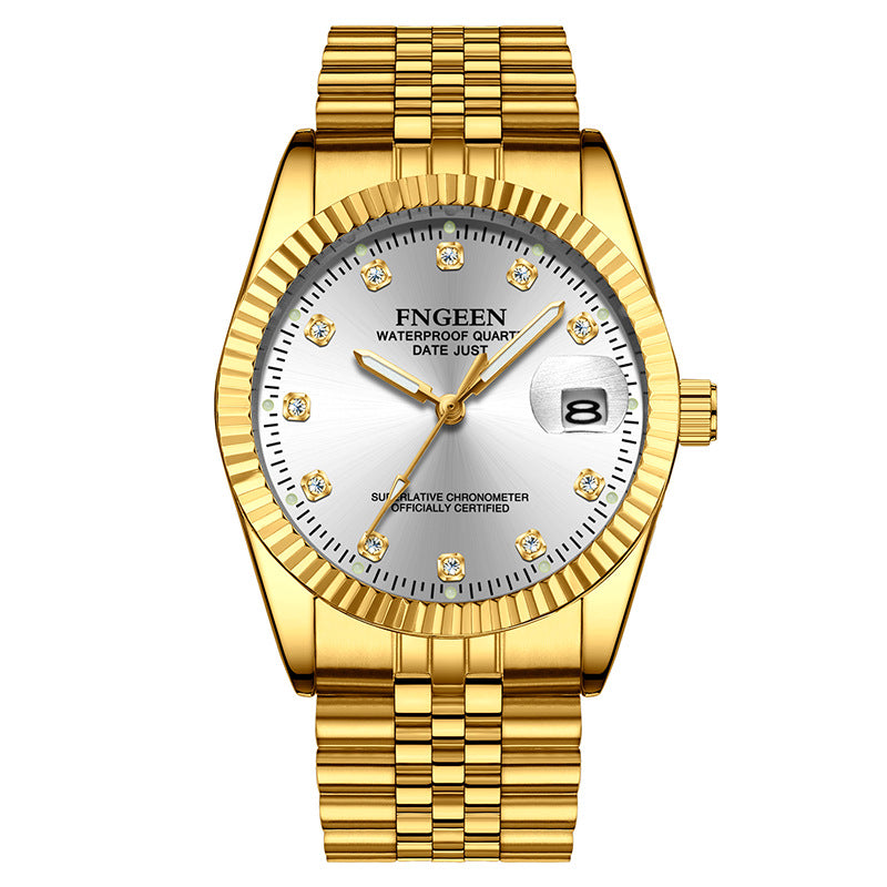 Montre Homme Acier Inoxydable Lunette Rainurée Or Avec Fenêtre Date Cadran Classique Repères Cristallins