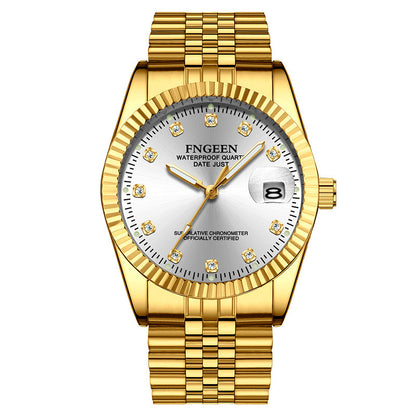 Montre Homme Acier Inoxydable Lunette Rainurée Or Avec Fenêtre Date Cadran Classique Repères Cristallins