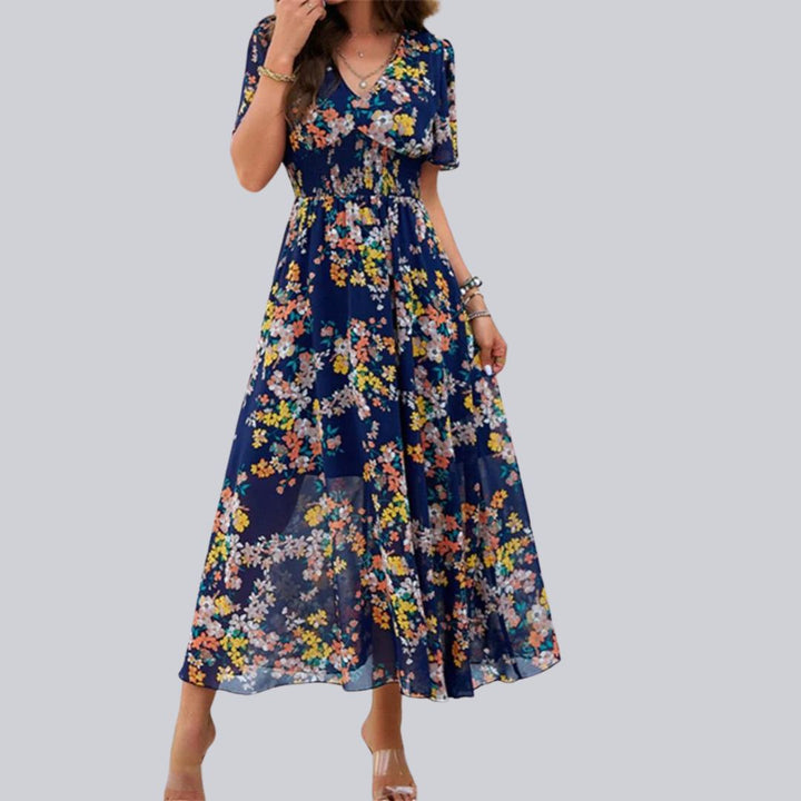 Mareina - Robe midi à col V floral et manches courtes