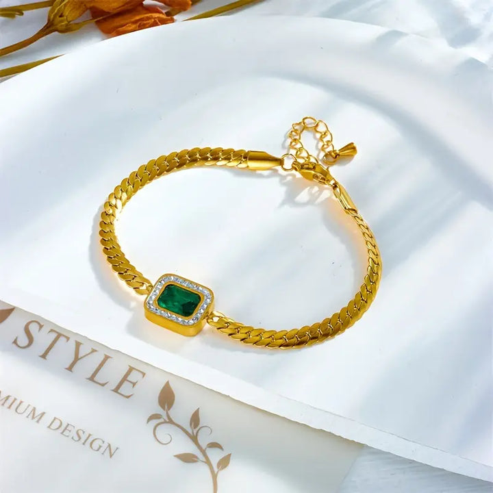 Bracelet doré avec cristal rectangulaire vert - Liriel
