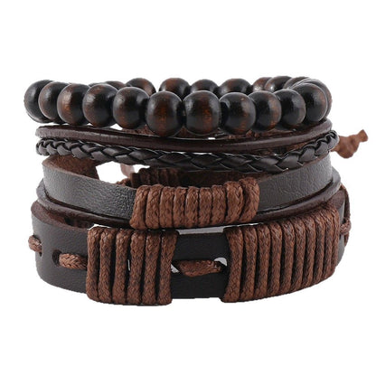 Bracelet homme corde cirée et cuir design tribal 3 pièces - Terrakai
