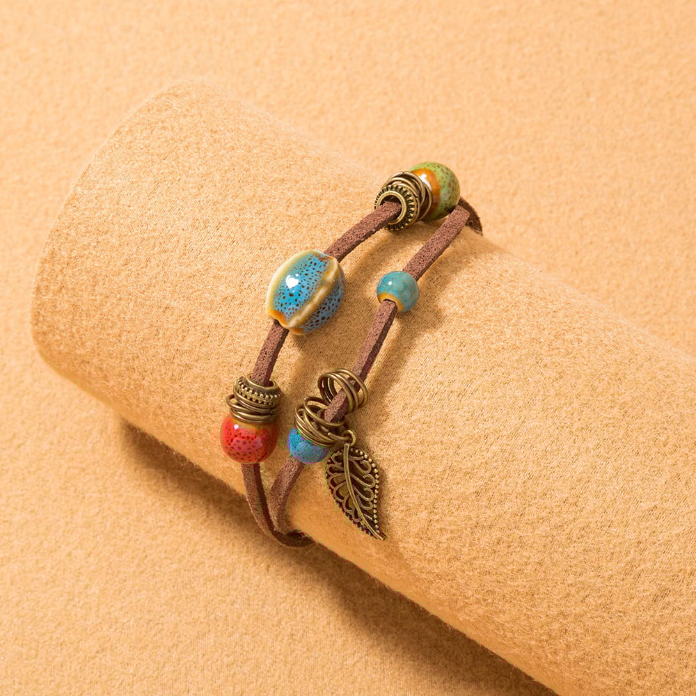 Bracelet femme bohème en cuir fait main avec perles en céramique - Lantana