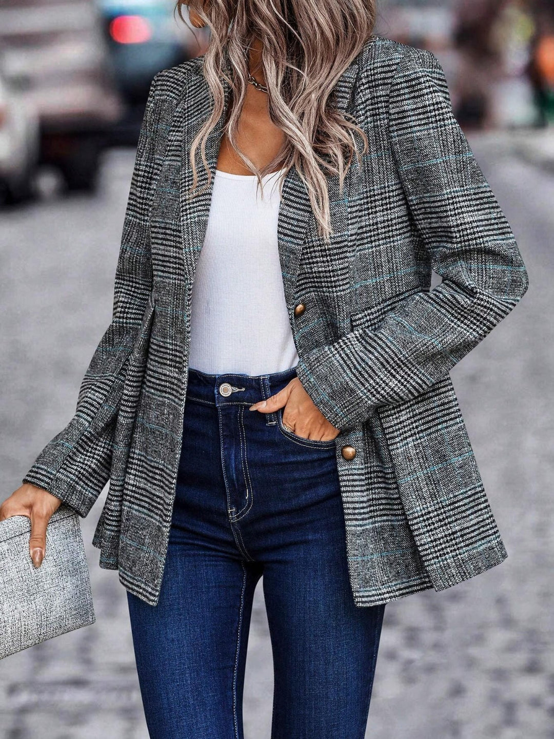 Gilda - Blazer à col revers boutonné en plaid