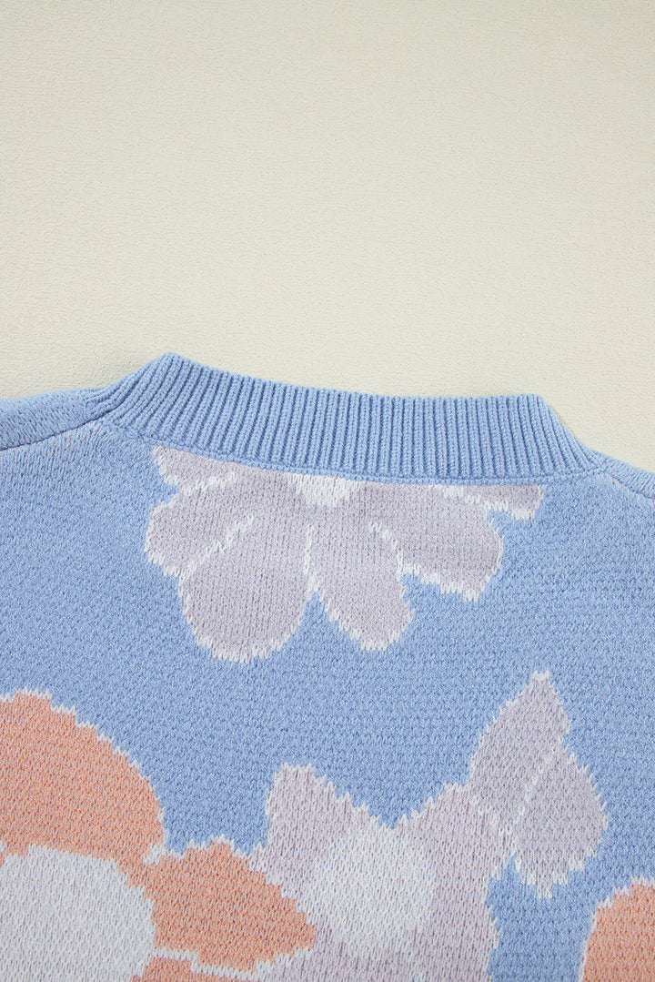 Blanche - Pull Tricoté à Col Rond Floral Bleu avec Épaules Tombantes