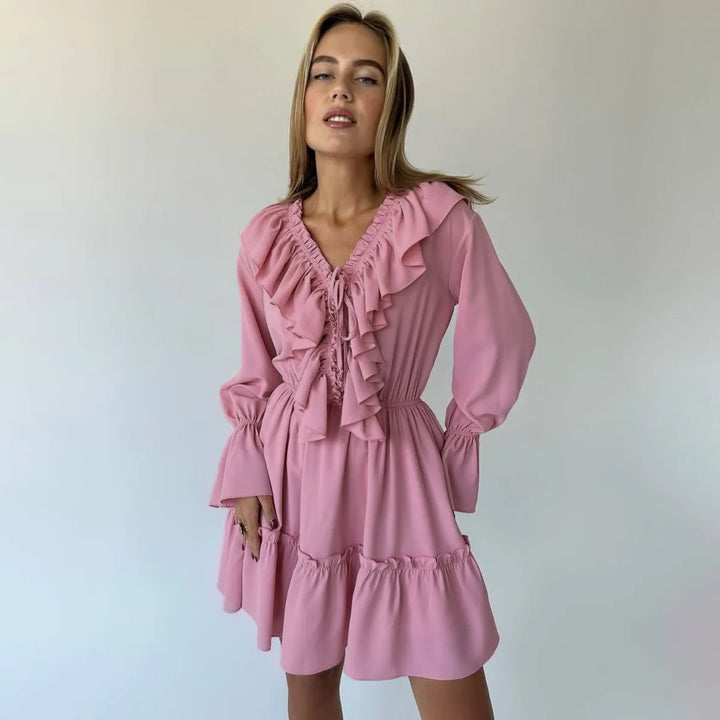 Alondra - Robe à manches longues à col V plissé et à volants Fashion