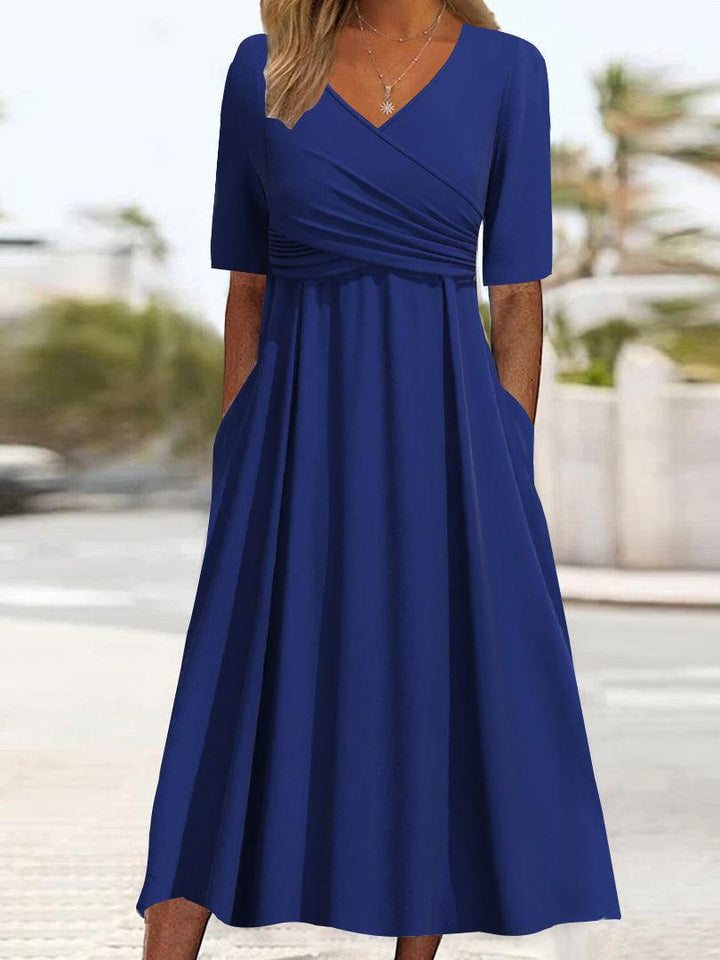 Elfina - Robe midi unie bleue col V