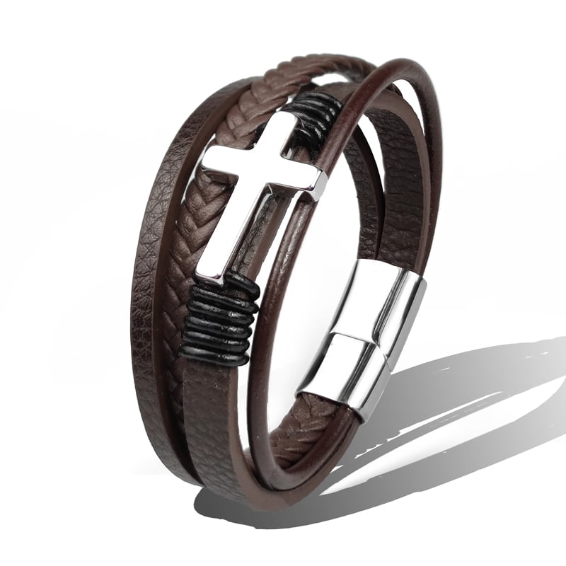 Bracelet homme en cuir tressé avec croix en acier inoxydable - Sentinel