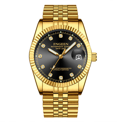 Montre Homme Acier Inoxydable Lunette Rainurée Or Avec Fenêtre Date Cadran Classique Repères Cristallins