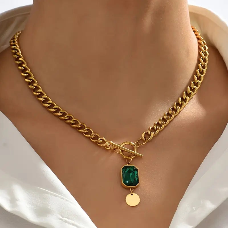 Collier en or avec chaîne et pendentif en cristal vert - Althea