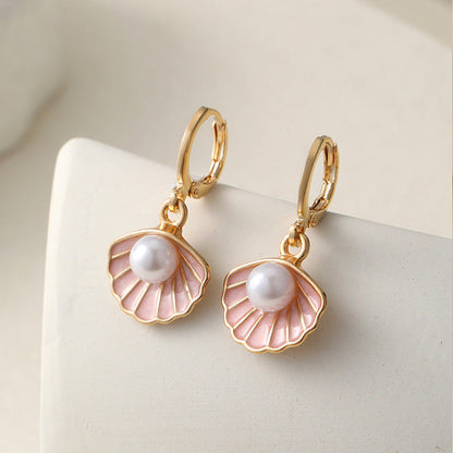 Boucles d'oreilles femmes en perles plaquées or avec coquille rose - Elise