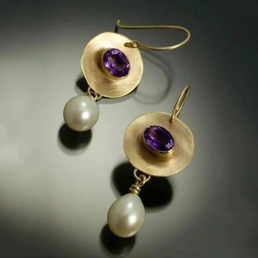 Boucles D Oreilles Or Doré Zircone Pourpre Et Perles Collection Exclusive