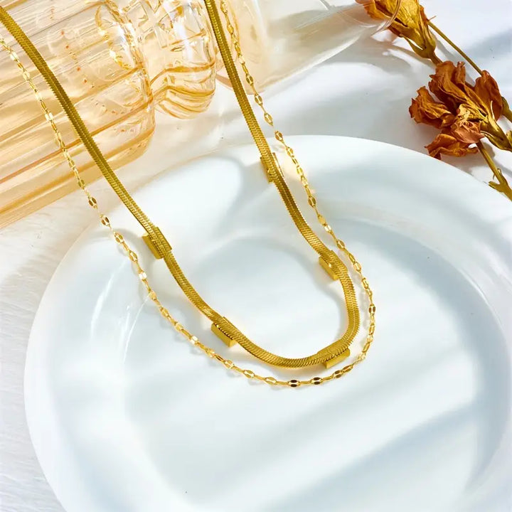 Collier double plaqué or avec rectangles verts - Narelle