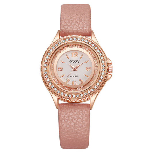 Montre Femme Ronde Avec Lunette Cristallisée Cadran Clair Et Bracelet Synthétique Léger
