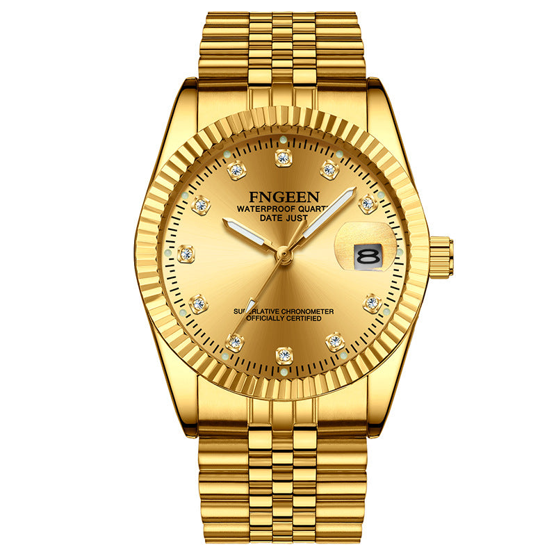 Montre Homme Acier Inoxydable Lunette Rainurée Or Avec Fenêtre Date Cadran Classique Repères Cristallins