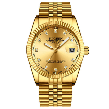 Montre Homme Acier Inoxydable Lunette Rainurée Or Avec Fenêtre Date Cadran Classique Repères Cristallins